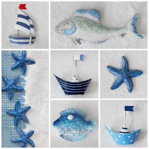 Collage con barcos y estrellas de mar — Foto de Stock