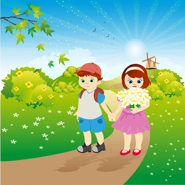 Дети на прогулке летом — стоковый вектор