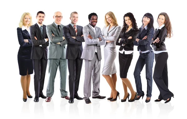 Equipe de negócios formada por jovens empresários em pé sobre um fundo branco — Fotografia de Stock