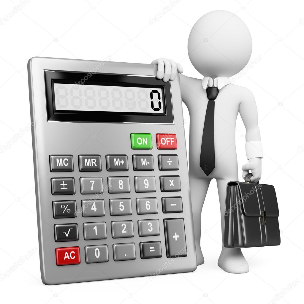 3d business white . Businessman with calculator.