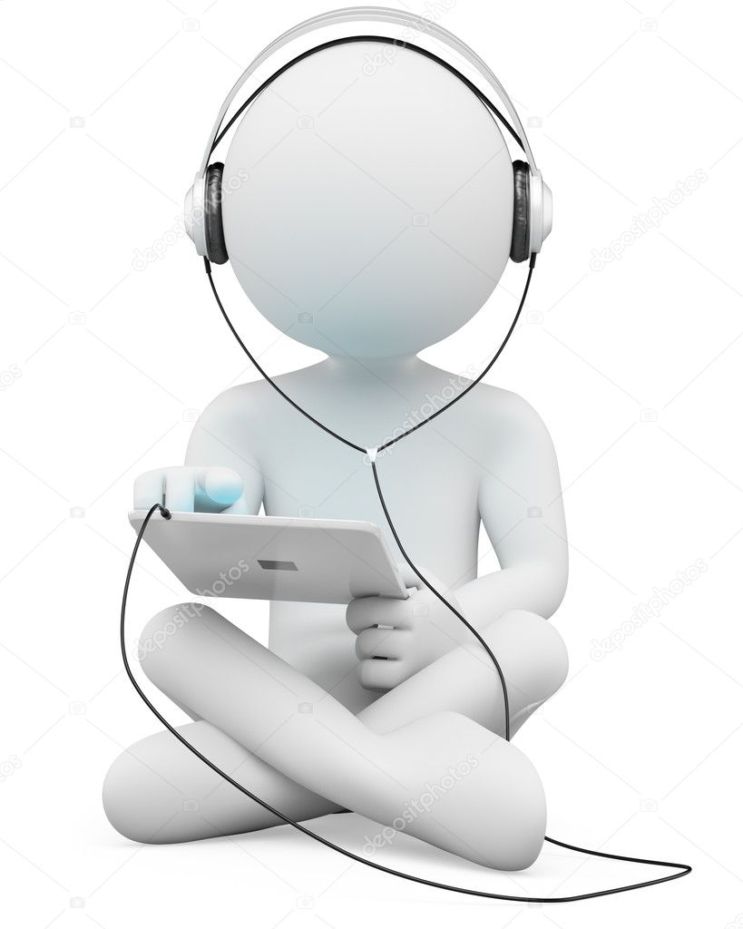 3D white . Tablet and headphones