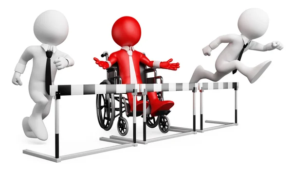 3D-zakenman wit. belemmeringen op het werk voor mensen met een handicap — Stockfoto