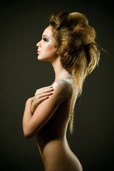 Fashion studio photo of beautiful nude woman with long hair — Stock Photo, Image