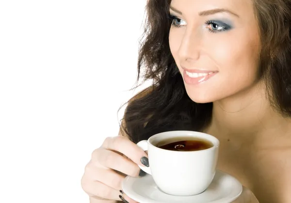 Szép, fiatal lány, egy csésze forró kávé ital — Stock Fotó