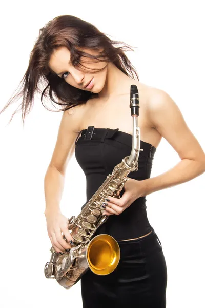 Beautiful young sexy women with saxophone — Stock Photo, Image