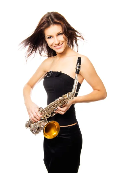 Beautiful young sexy women with saxophone — Stock Photo, Image