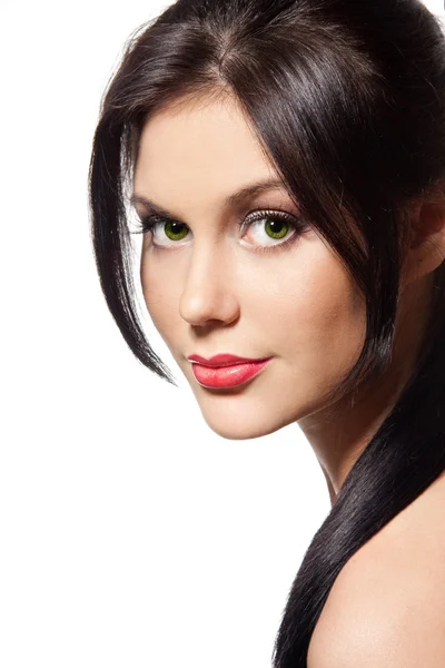 Güzel bir genç kadın yüzü close-up. Beyaz backgr izole — Stok fotoğraf