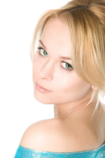 Gros plan portrait studio d'une belle jeune fille blonde fraîche avec une peau et des cheveux parfaits — Photo