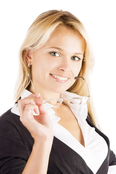Closeup studio portrait of a beautiful young smiling business woman — Stock Photo, Image
