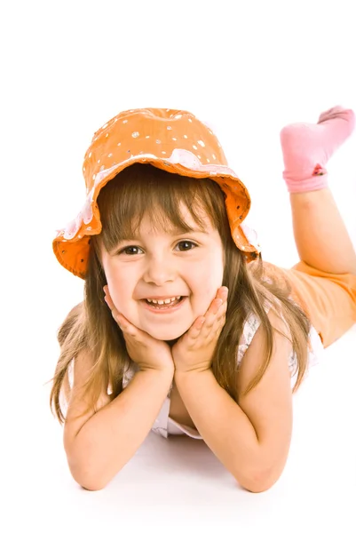 Menina adorável em chapéu laranja — Fotografia de Stock