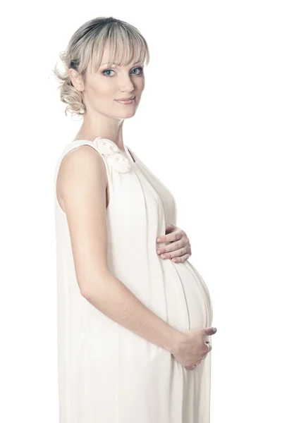 Bella donna incinta, isolata su sfondo bianco — Foto Stock
