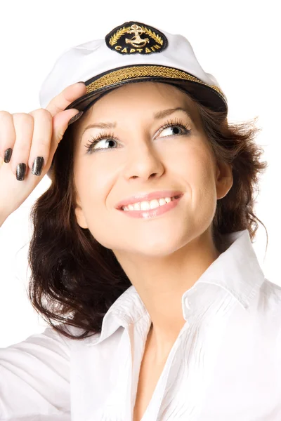 Närbild studio porträtt av en sexig ung kvinna i sjöman cap — Stockfoto
