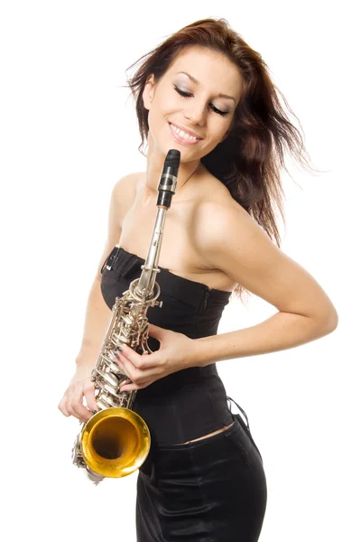 Beautiful young sexy women with saxophone, isolated on white bac — Stock Photo, Image