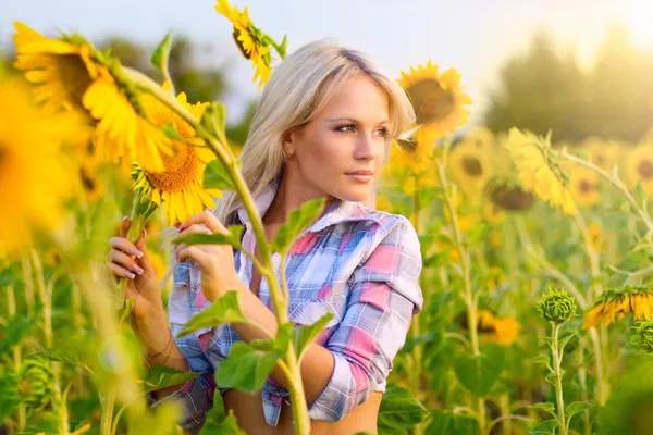 Attractive young blonde girl in sunflowers — Stock Photo, Image