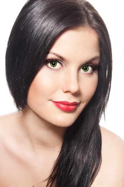 Nádherná mladá bruneta žena s červenými rty — Stock fotografie