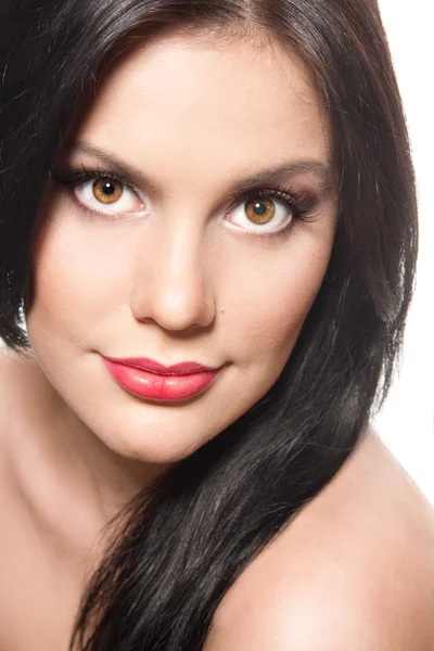Gyönyörű fiatal barna nő vörös ajkak — Stock Fotó