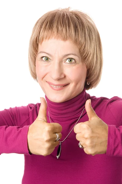 Kobieta w średnim wieku Wyświetlono kciuk w — Zdjęcie stockowe