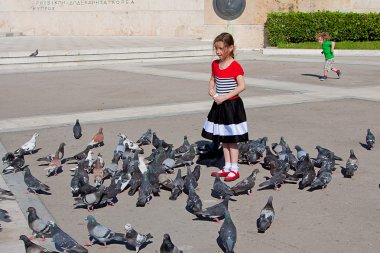 küçük bir kız bir sürü güvercin besleme