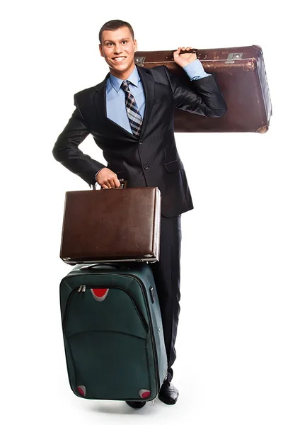 3 つのスーツケースを持った若いビジネスマン — ストック写真