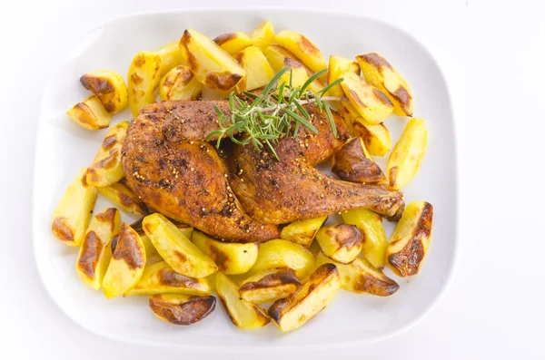 stock image Chickens roast with baking potatoes