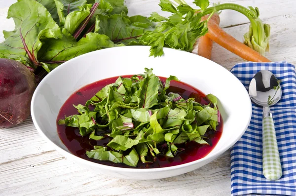 Zeleninová polévka z mladých, čerstvé listy červenou řepou — Stock fotografie