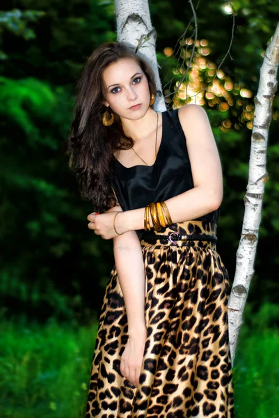 Молода жінка в березовому лісі — стокове фото