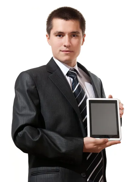 Hombre de negocios sosteniendo y muestra la tableta de pantalla táctil PC con pantalla en blanco —  Fotos de Stock