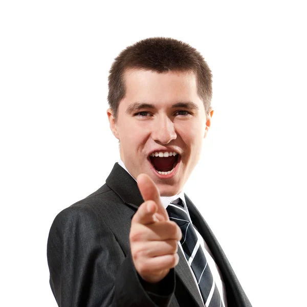 Portrait of senior business man pointing at you against white background — Stock Photo, Image