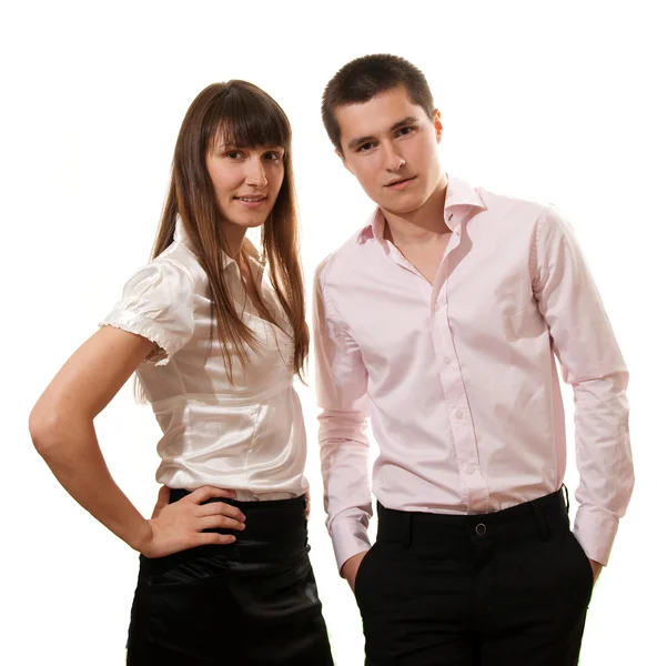 Business coppia sorridente isolato su uno sfondo bianco — Foto Stock