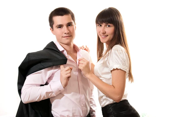 Portrait of smiling business couple on white background — Stock Photo, Image