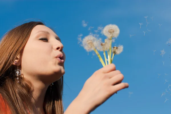 Happy young girl blowing on dandelion — Stock Photo, Image