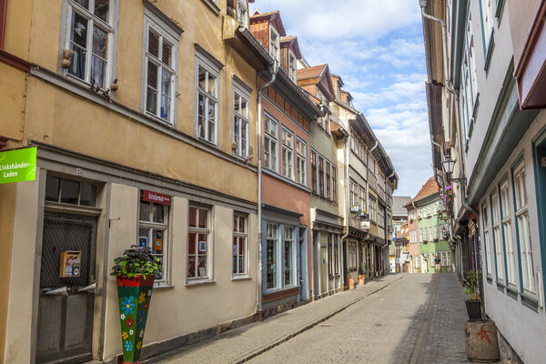 ERFURT, GERMANY- MAY 26: Houses on famous Kraemerbruecke on May 26,2012 in Erfurt, Germany. It is the longest bridge with houses in Europe and dates back to 1325.