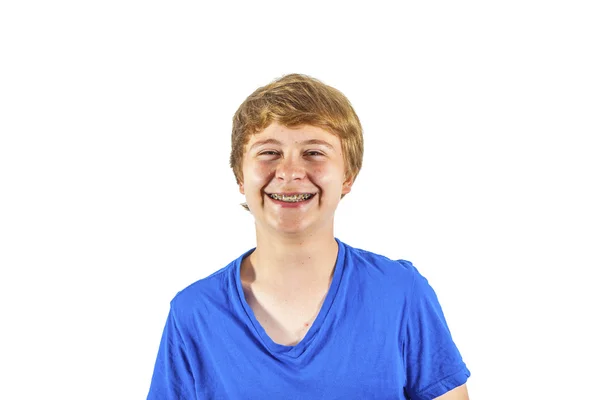 Menino feliz em camisa azul rindo — Fotografia de Stock