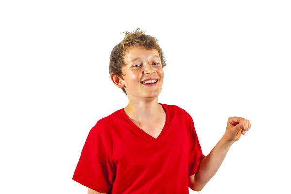 Śmiejąc się chłopiec gesty ręką — Zdjęcie stockowe