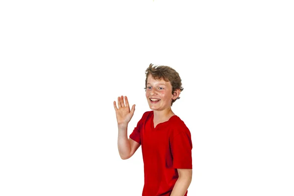 Menino alegre feliz dá sinal — Fotografia de Stock