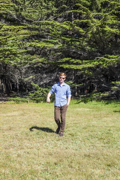 Güneş gözlüklü genç çocuk mutlu çayır üzerinde yürüyor — Stok fotoğraf