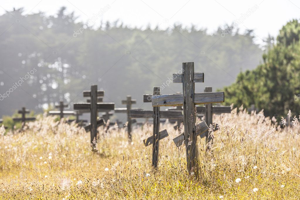 Old crosses at the historic orthodox cemetery of Fort Ross