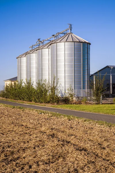 Fält i skörd med silo — Stockfoto