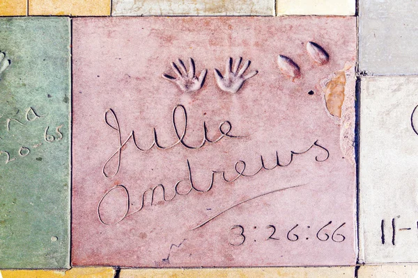 Handprints of Julie Andrews in Hollywood Boulevard in the concre — Stock Photo, Image