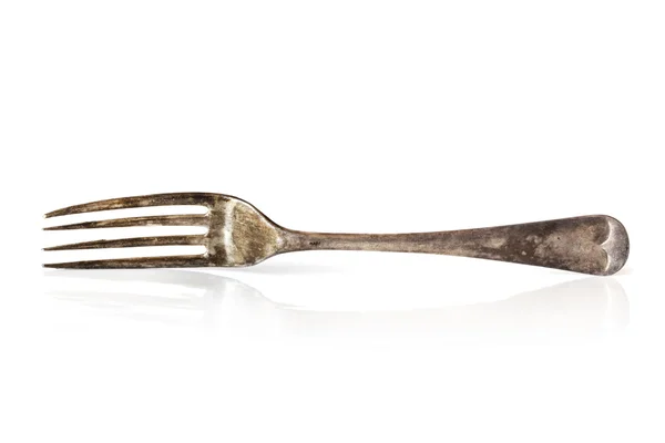 Vecchia forchetta d'argento su bianco — Foto Stock