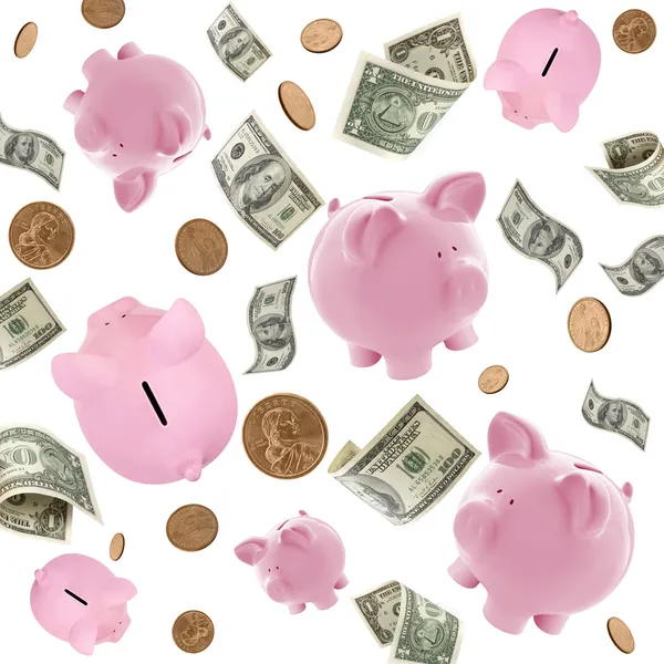 Piggy Banks e dinheiro americano voando sobre branco — Fotografia de Stock