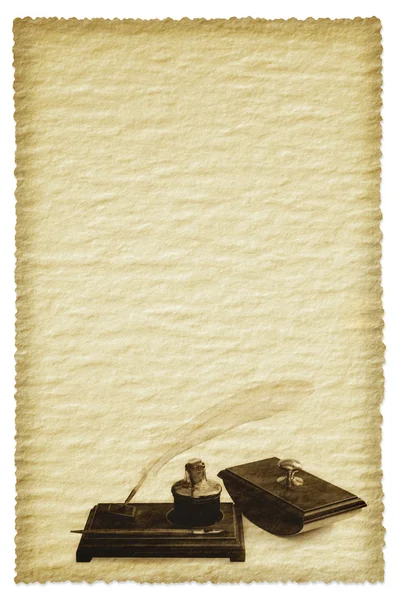 Grunge 的羽毛笔和墨水在羊皮纸上设置 — 图库照片