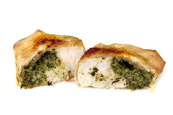 Chicken and Spinach Filo Parcel over White — Stock Photo, Image
