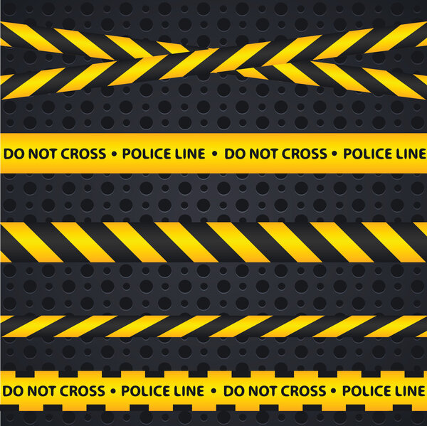 Police line and danger tapes on dark background.