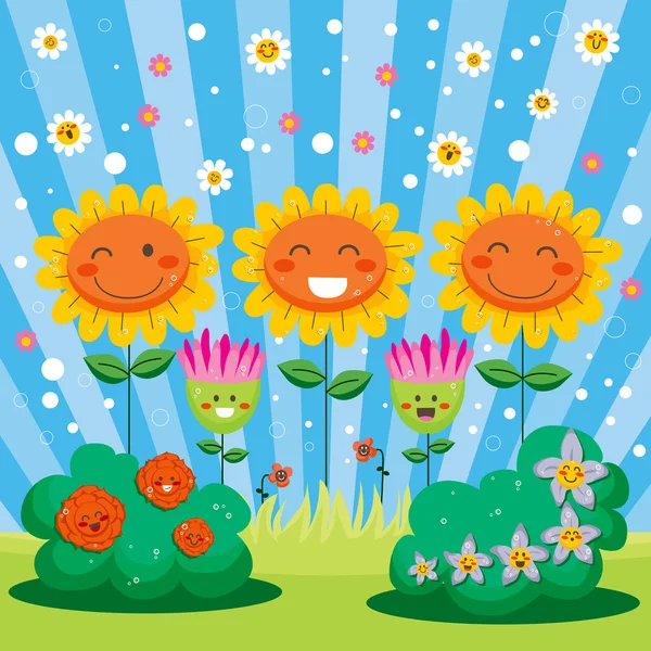 행복 한 봄 꽃 정원 — 스톡 벡터
