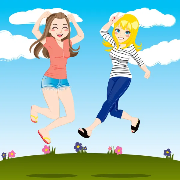 Chicas felices saltando — Vector de stock