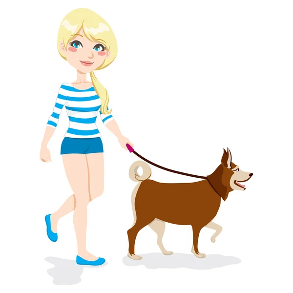 Chica paseando perro — Vector de stock