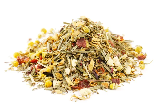 Chamomile mixes with lemongrass and hibiscus herbal tea, over wh — Stock Photo, Image