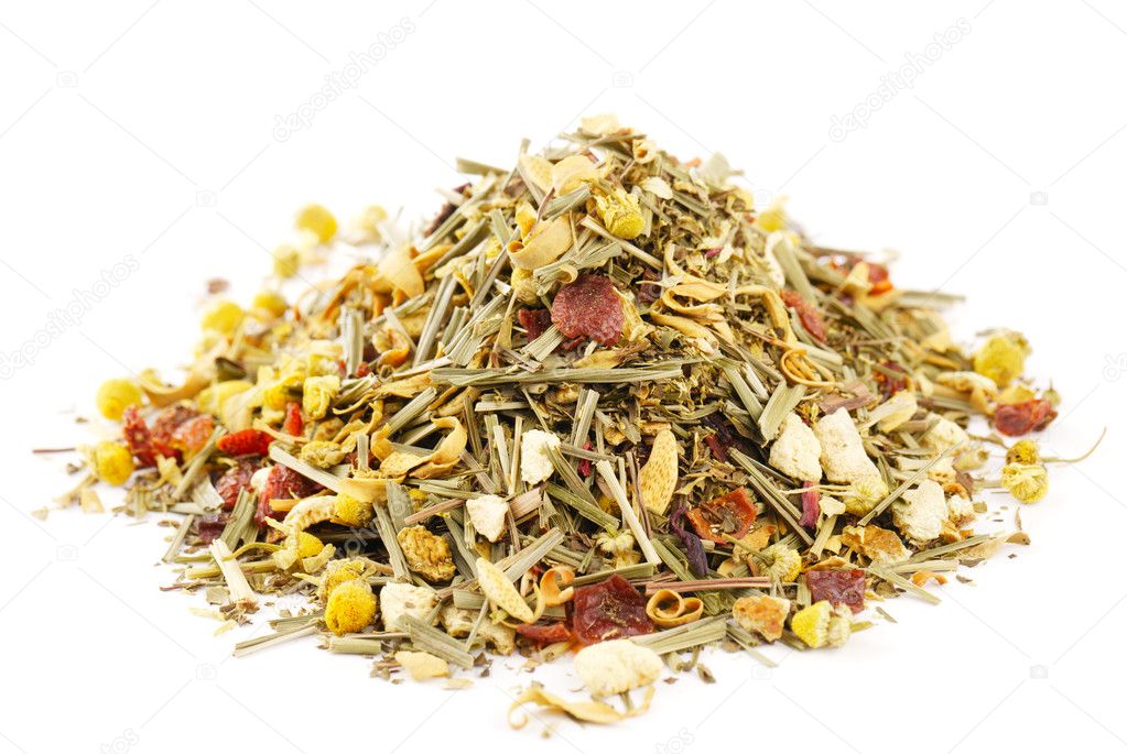 Chamomile mixes with lemongrass and hibiscus herbal tea, over wh