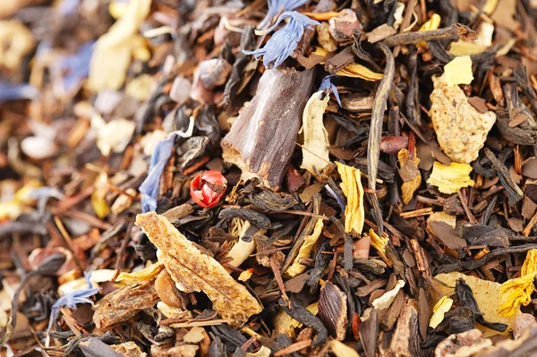 Caffeine mix of mate, black tea, and red rooibos with cocoa, cho — Stock Photo, Image